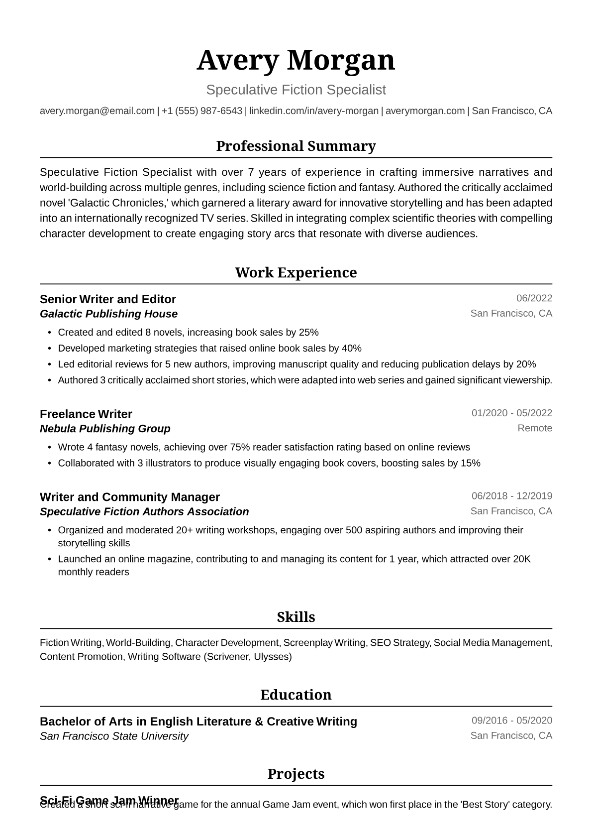 Writer Resume Example