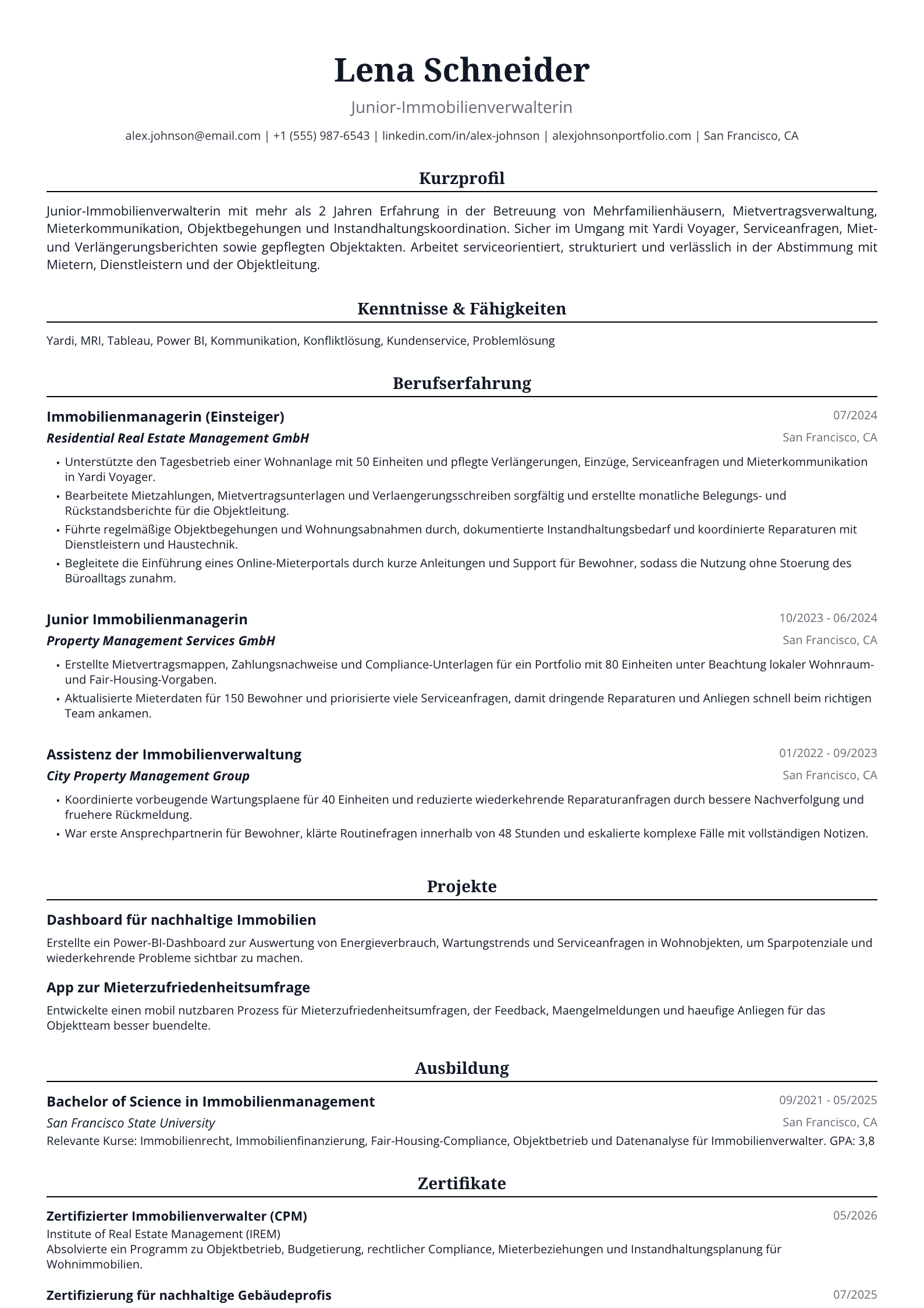 Lebenslauf Beispiel: Immobilienkauffrau (m/w/d) - Einsteiger