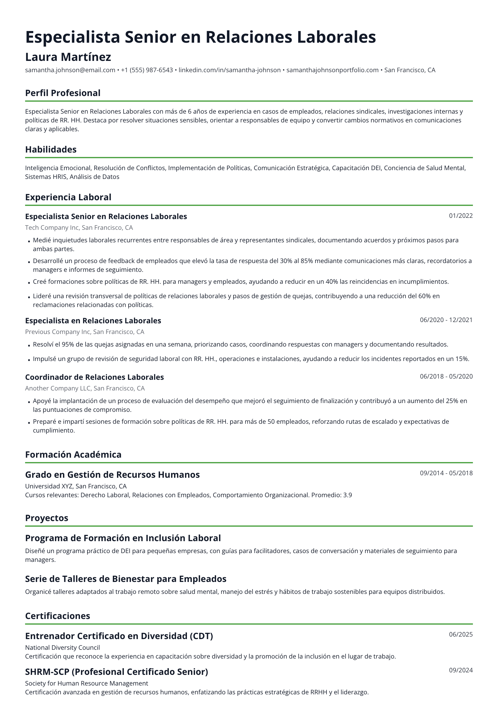 Especialista Senior en Relaciones Laborales