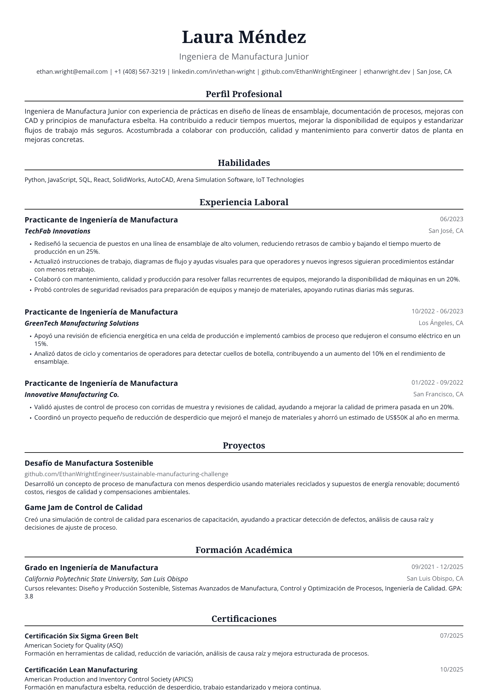 Ingeniera de Manufactura Junior