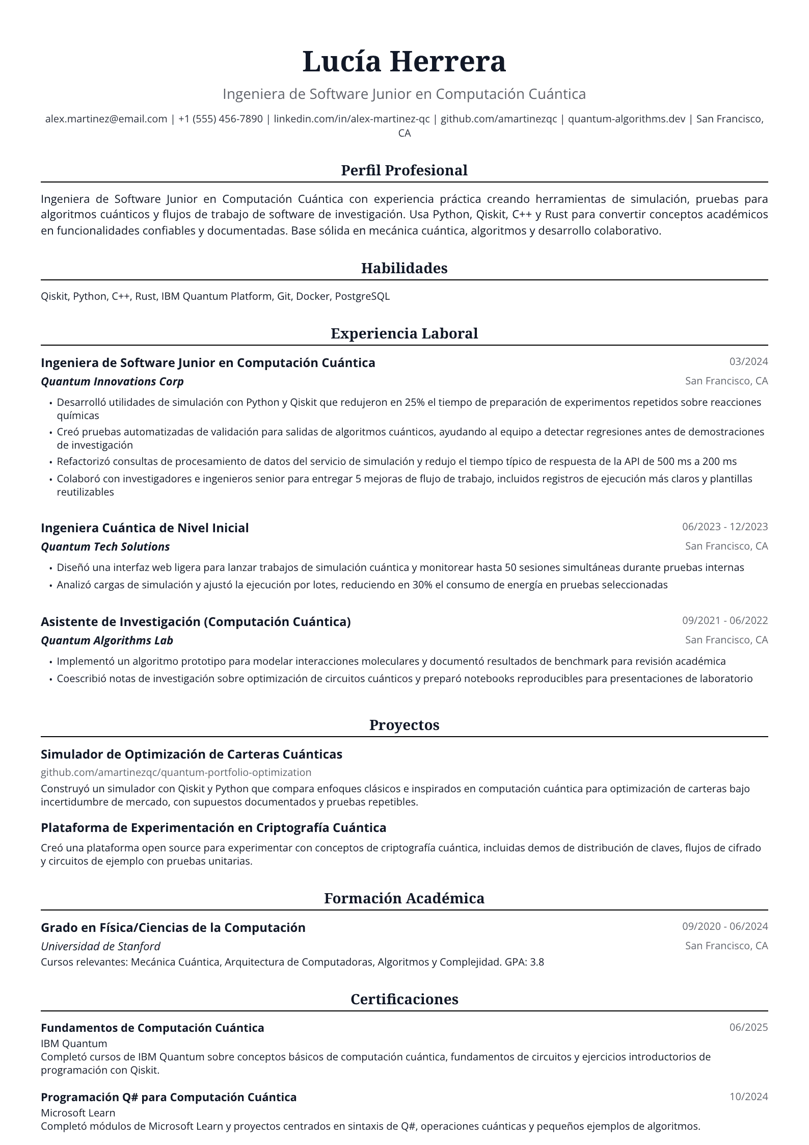 Ingeniera de Software Junior en Computación Cuántica