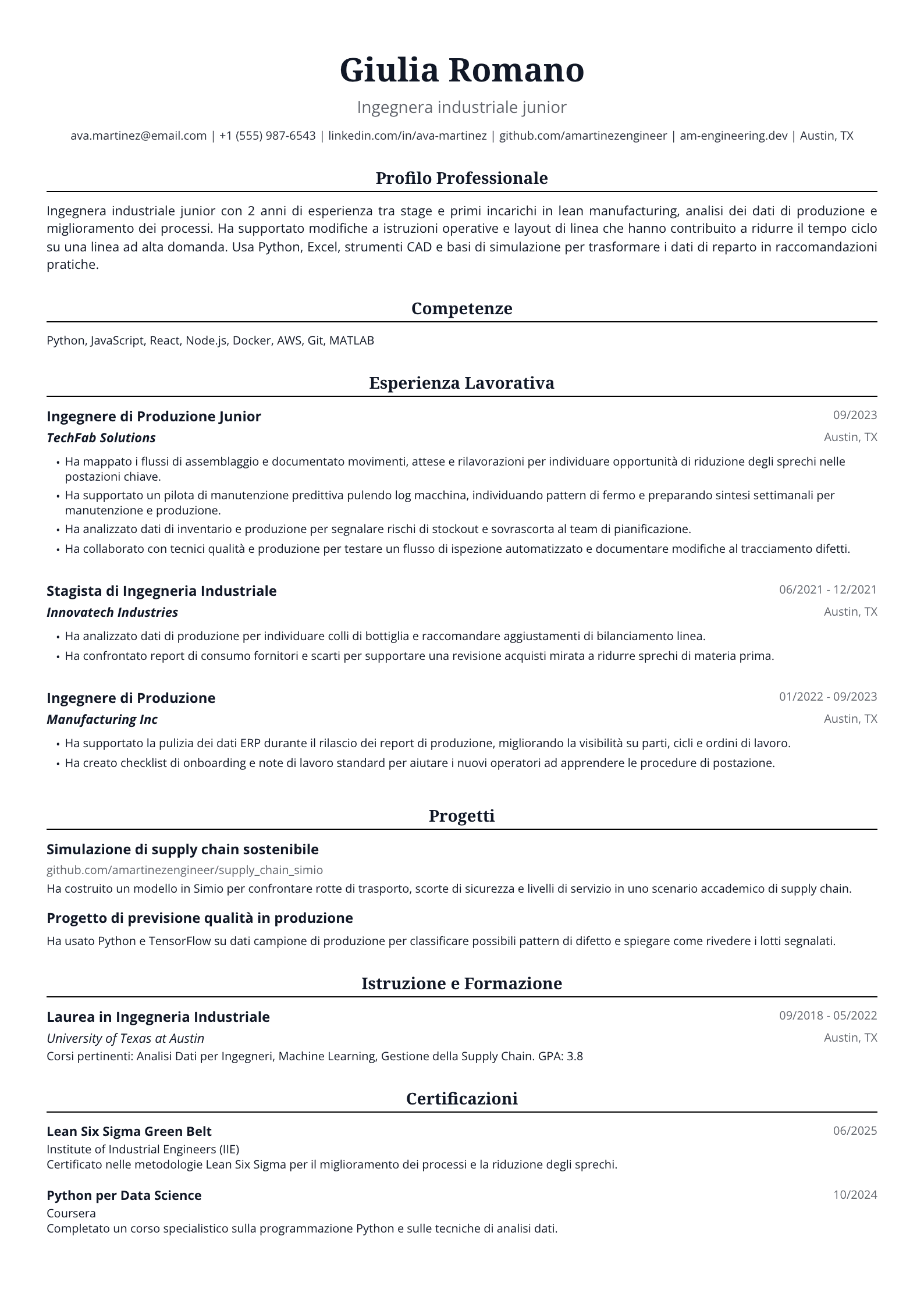Ingegnera industriale junior