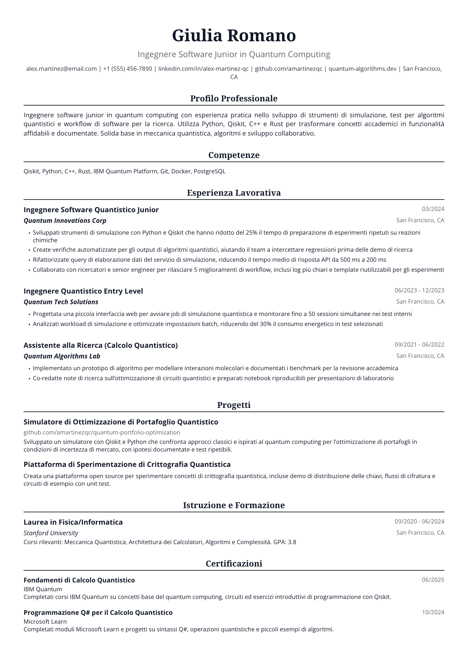 Ingegnere Software Junior in Quantum Computing